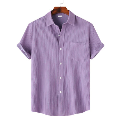 Men Cotton Linen Summer Shirt | Short Sleeve Button Down | Beach Shirt | Casual Breathable Holiday Hawaiian Shirt lavender