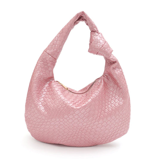 Women Woven Leather Knotted Strap Shoulder Bag Pink
