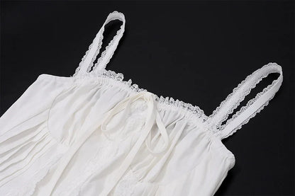 Women White Pleated Mini Dress | Summer Dress | Square-Neck Lace Patchwork Dress