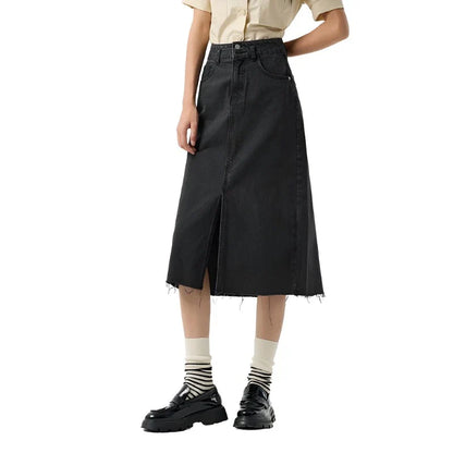 Women Long Denim Skirt | High Waist A-Line Denim Skirt with Slit