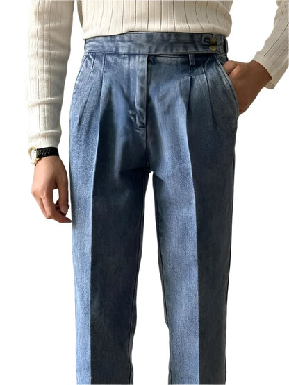 Men Naples Denim Trousers | Washed Denim Pants | Slim Fit Draped Straight Jeans