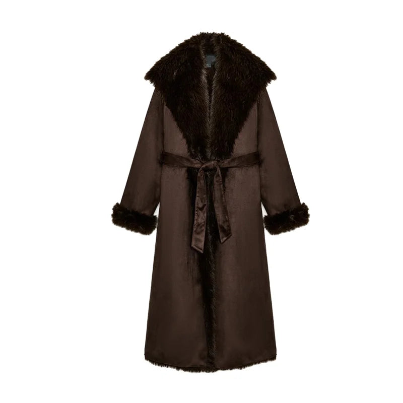Women Winter Long Coat | Fur Collar | Belted | Mid-Length Brown