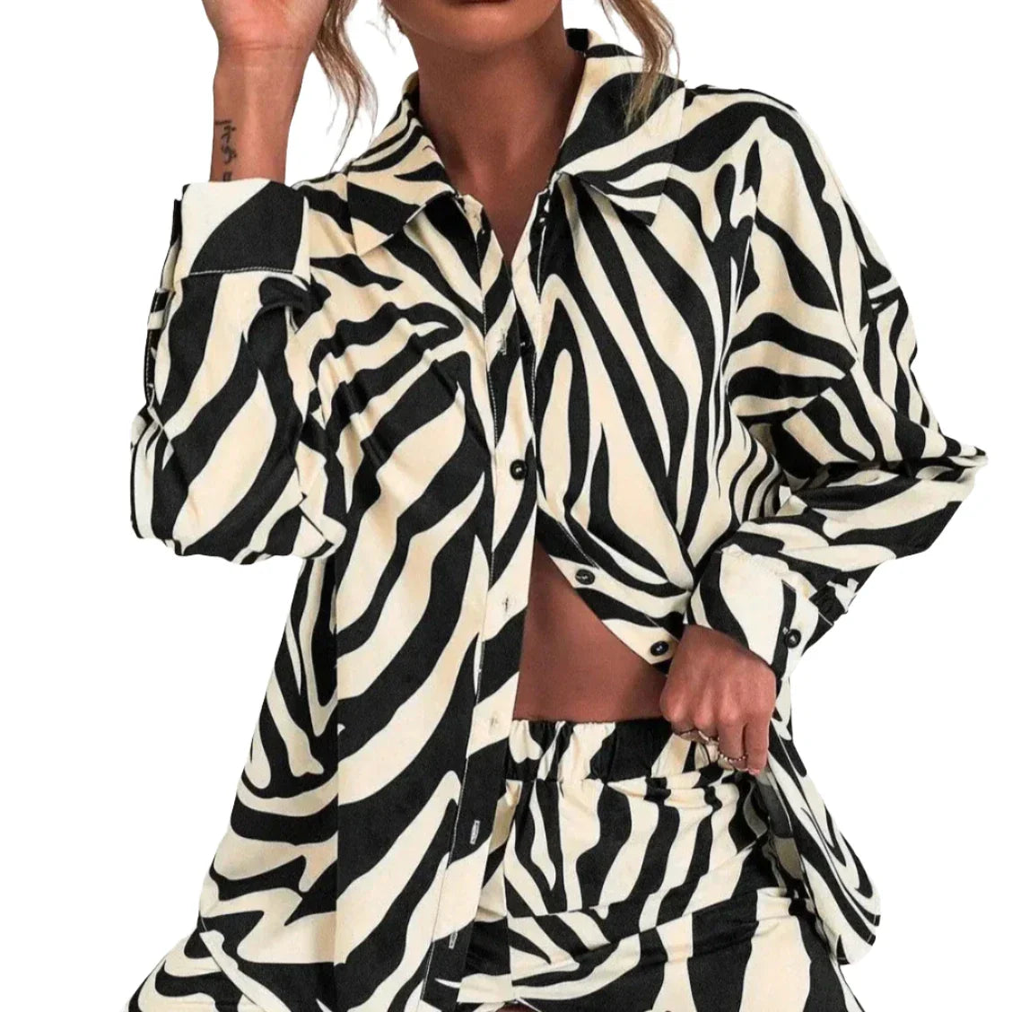 Women Zebra Print 2 Piece Set | Long Sleeve Drop Shoulder Shirt with Wide Leg Pants
