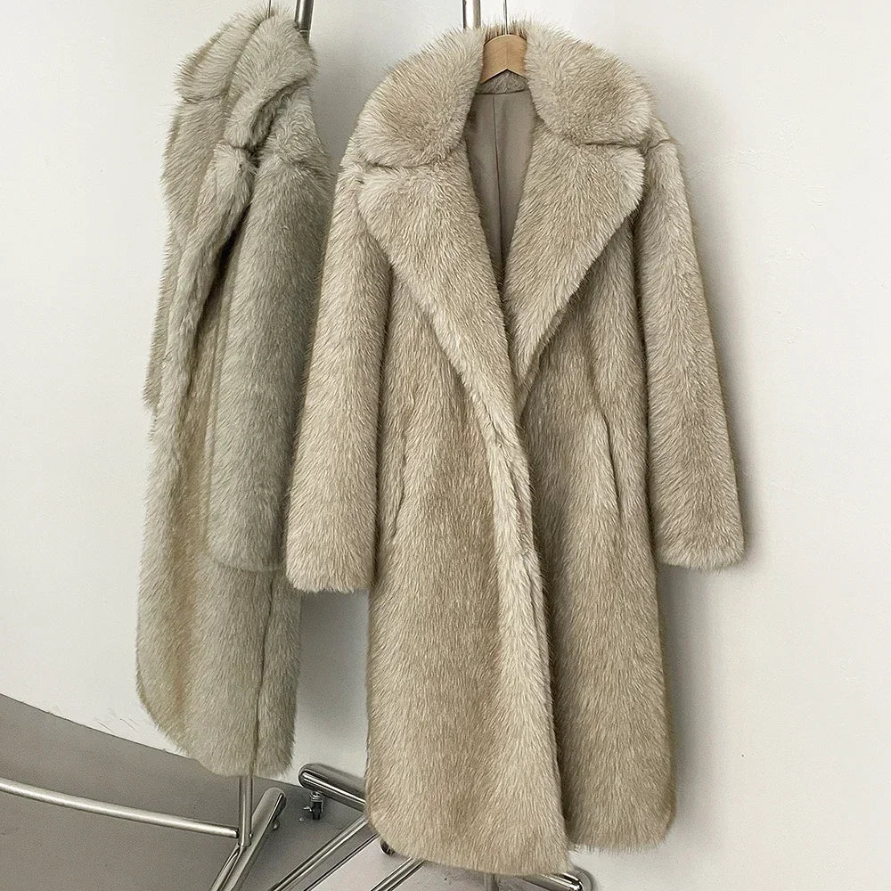 Women Long Fur Coat | Long Jacket | European Style | Lapel Fur Coat | Loose | Winter Coat | Long Coat Beige