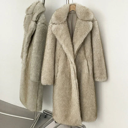 Women Long Fur Coat | Long Jacket | European Style | Lapel Fur Coat | Loose | Winter Coat | Long Coat Beige