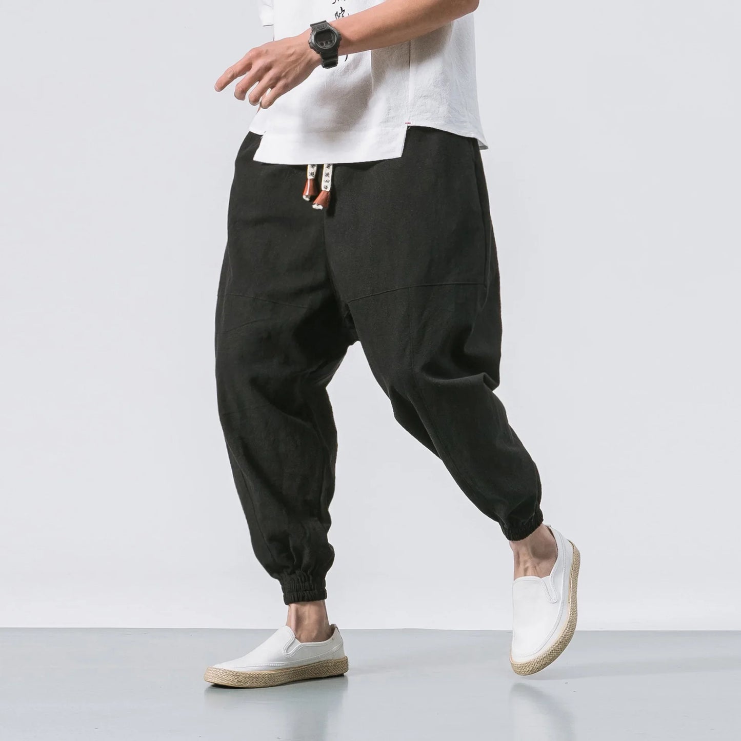 Men Tang Suit Jacket | Linen Top | Long Sleeve Black Bottom