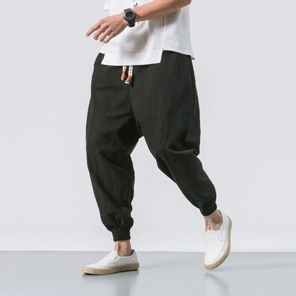 Men Tang Suit Jacket | Linen Top | Long Sleeve Black Bottom