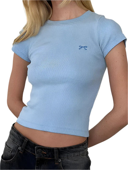 Women Summer Crop Top | Short Sleeve Bow Embroidery Ribbed T-Shirt Blue