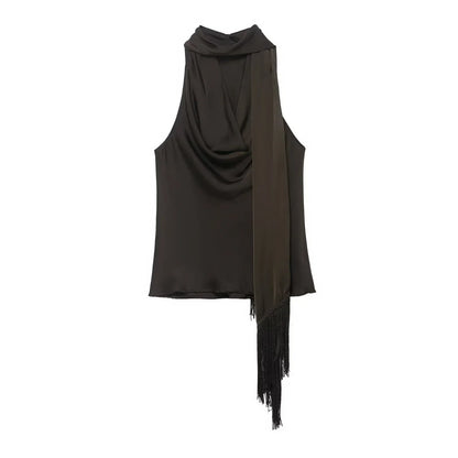 Women Satin Pleated Top | Sleeveless | Summer | V Neck | Halter Neck