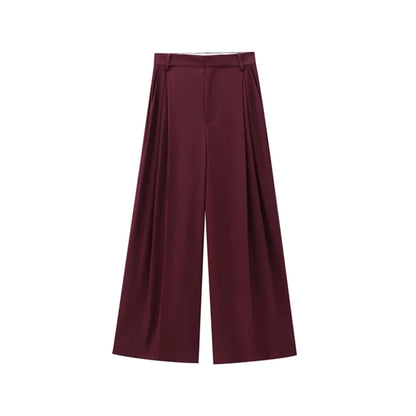 Women Burgundy Button Fitted Waistcoat and Wide Leg Pants | 2 Piece Set | High Waist Pleated Pants pant
