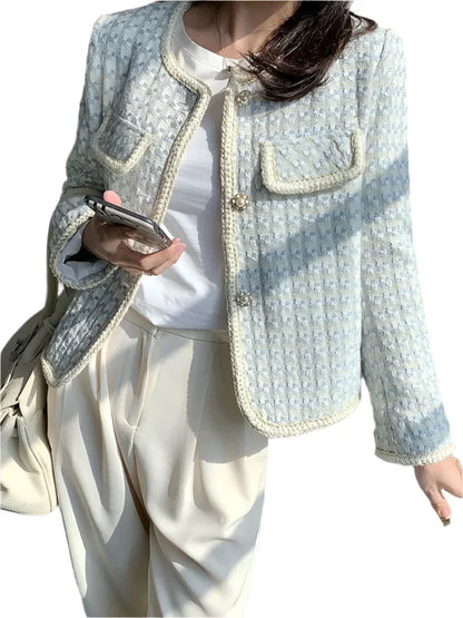 French Vintage Small Tweed Coat Women | Casual Outwear