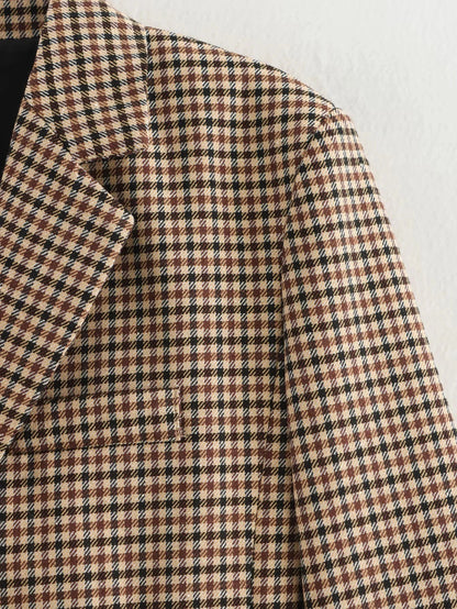 Women Houndstooth Blazer | Vintage Brown Plaid Blazer | Office
