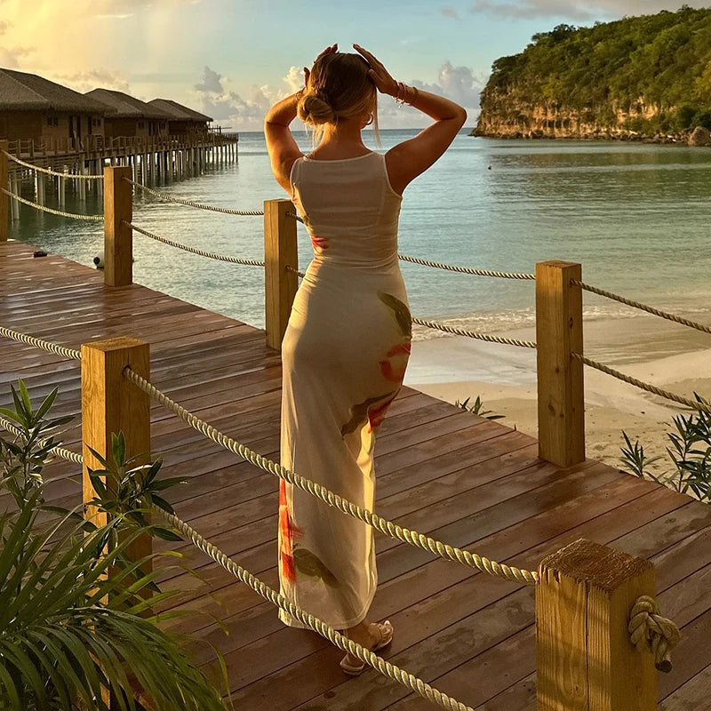 Women Summer Floral Sheer Dress | See-Through | Sleeveless | Beach Cover Up | Beach Dress