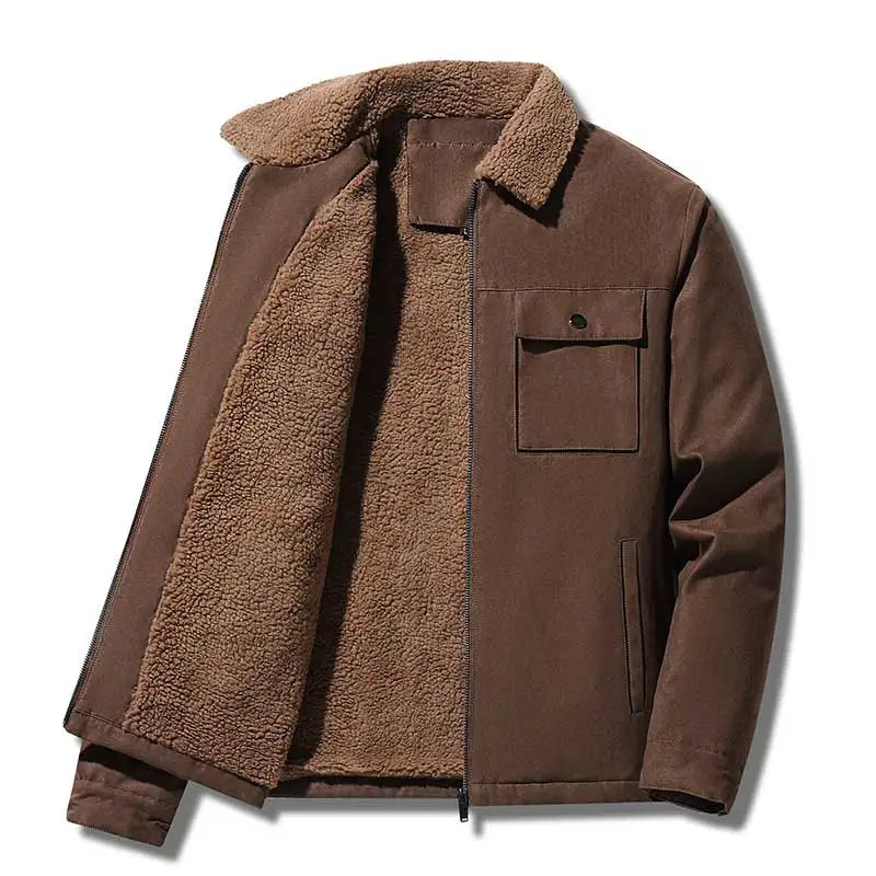 Men Suede Warm Fleece Jacket | Thick Casual Windbreaker | Parka Zipper Cargo Brown