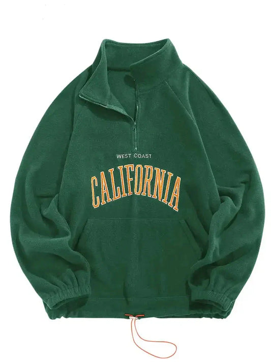 Unisex Vintage Fleece Sweatshirt | Turtleneck Hoodie Embroidered Pullover Green