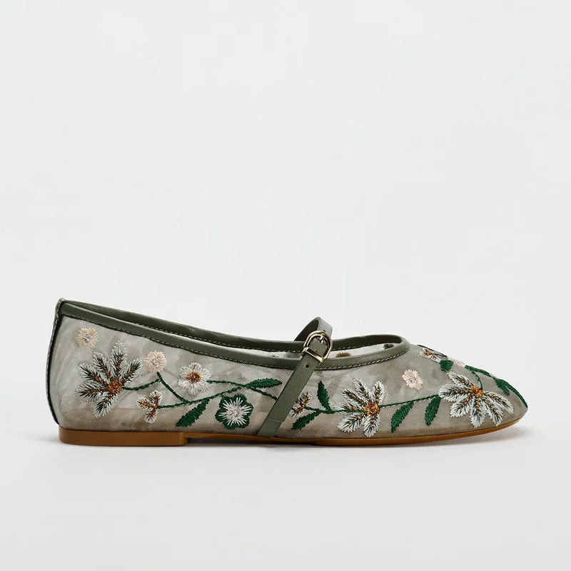 Women Flower Embroidered Mesh Ballet Flats | Mary Jane Shoes | Ballerina Flats | Ballet Pumps Green