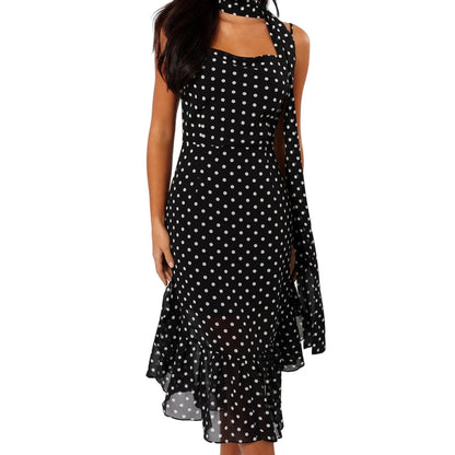 Women Summer Polka Dot Spaghetti Strap Dress | Dot Print | Party Dress with Scarf | Vacation | Beach