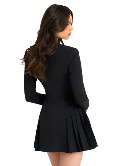 Women Black Blazer Winter Mini Dress | V Neck Single-Breasted Long Sleeve Pleated Dress