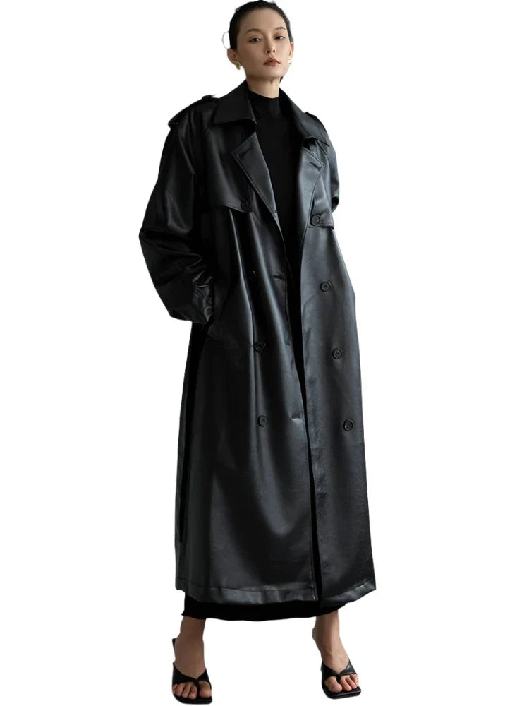 Women's Oversized Leather Trench Coat with Belt | Extra Long Leather Coat Black One size