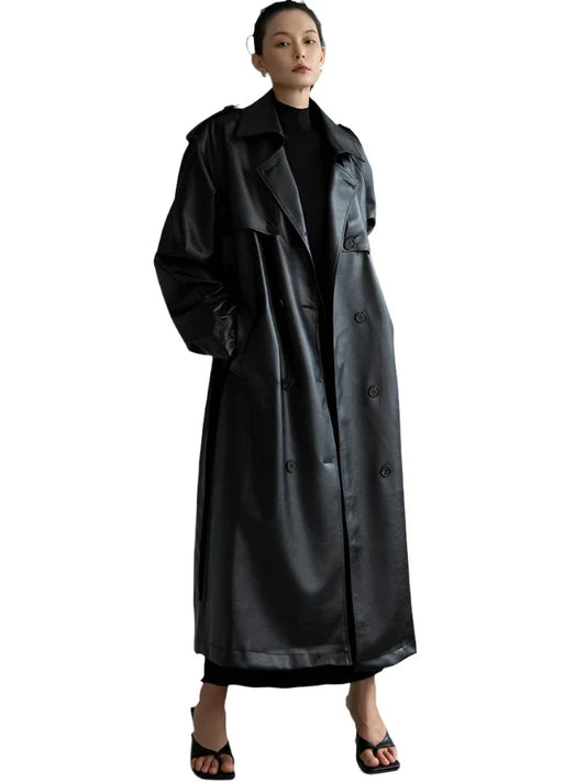 Women's Oversized Leather Trench Coat with Belt | Extra Long Leather Coat Black One size