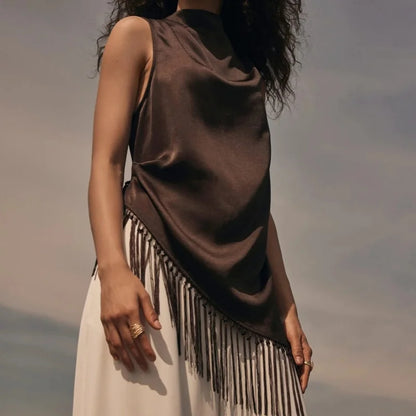 Women Summer Satin Tassel Hem Top | Brown | Sleeveless | High Neck | Long Tank Top