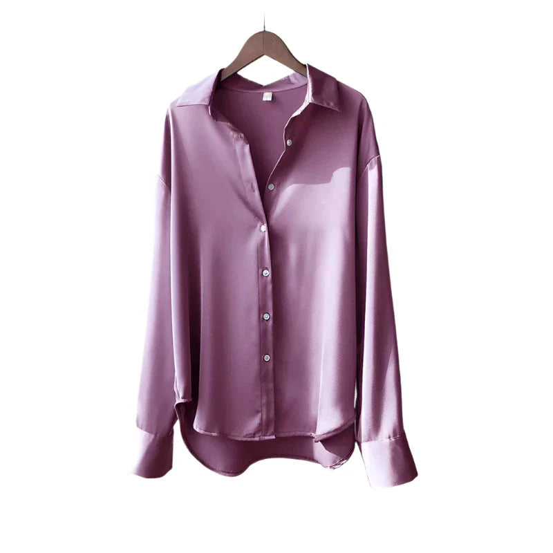 Women Satin Blouse | Long Sleeve Button-Down | Casual Office Silk Shirt Purple