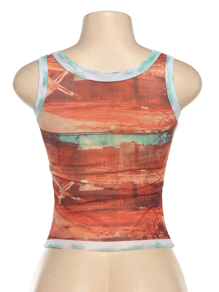 Women Summer Mesh Tank Top | Vintage Print | Crop Top | Tee