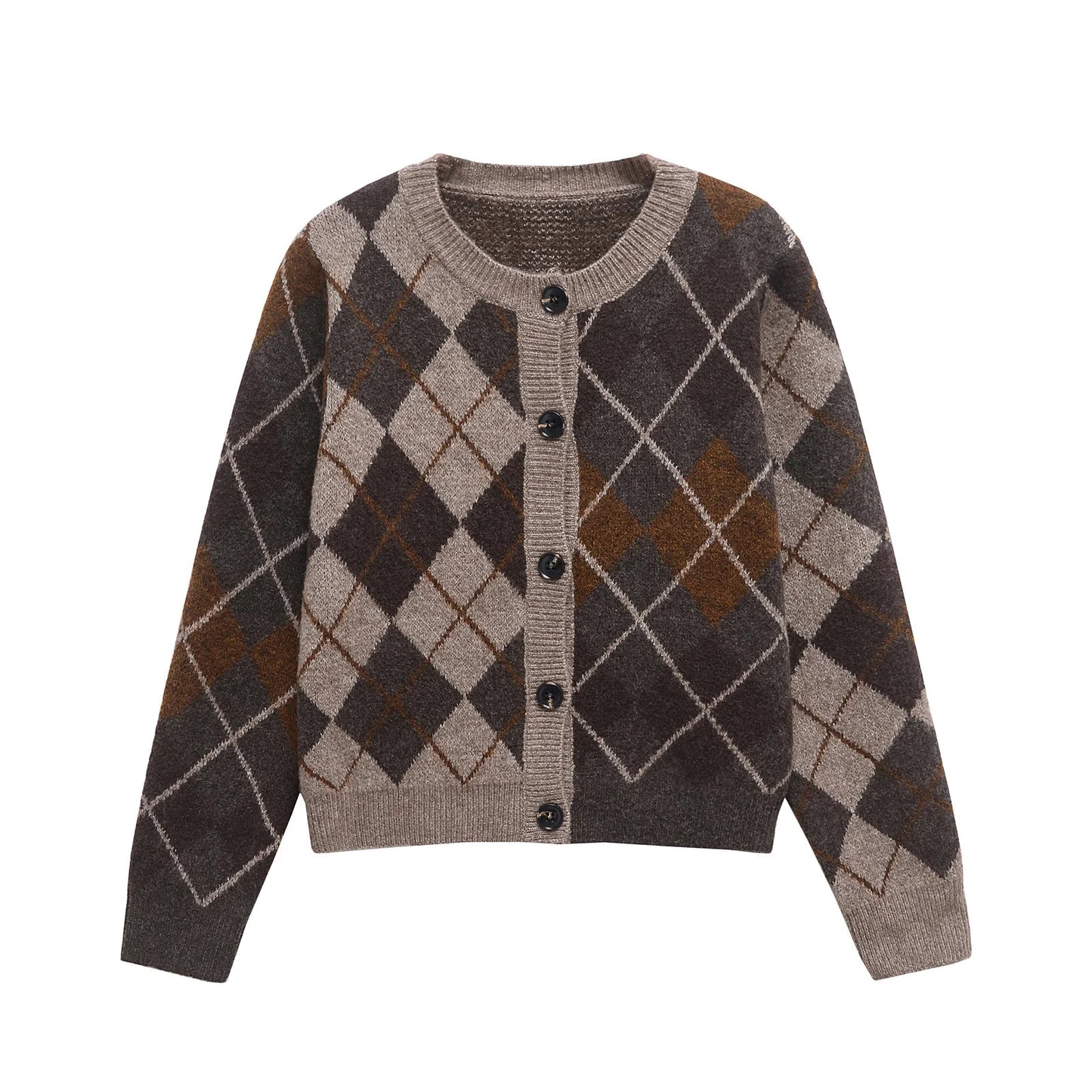 Women Argyle Knitted Cardigan | Diamond Pattern | Long Sleeved | Single Breasted Sweater Brown
