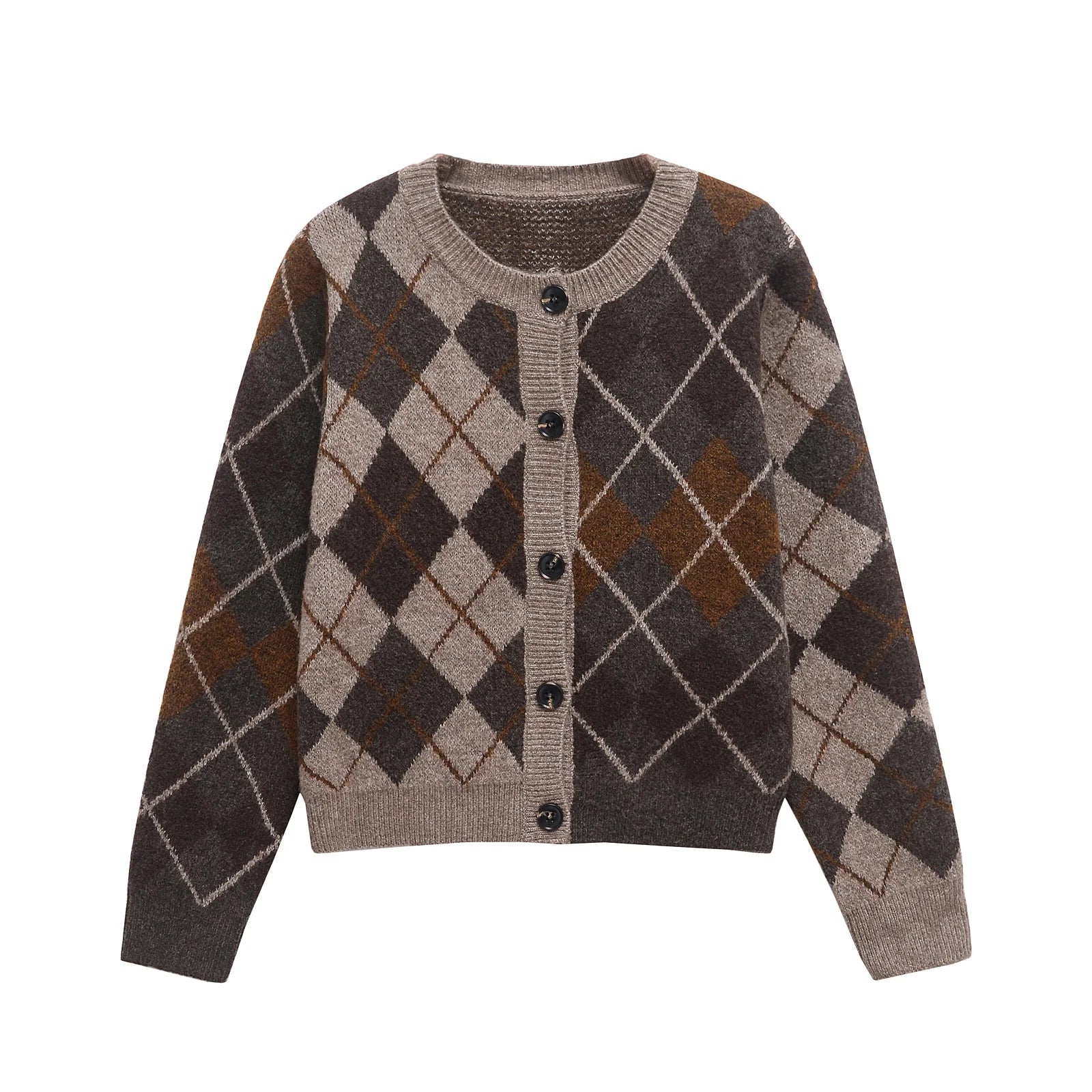 Women Argyle Knitted Cardigan | Diamond Pattern | Long Sleeved | Single Breasted Sweater Brown
