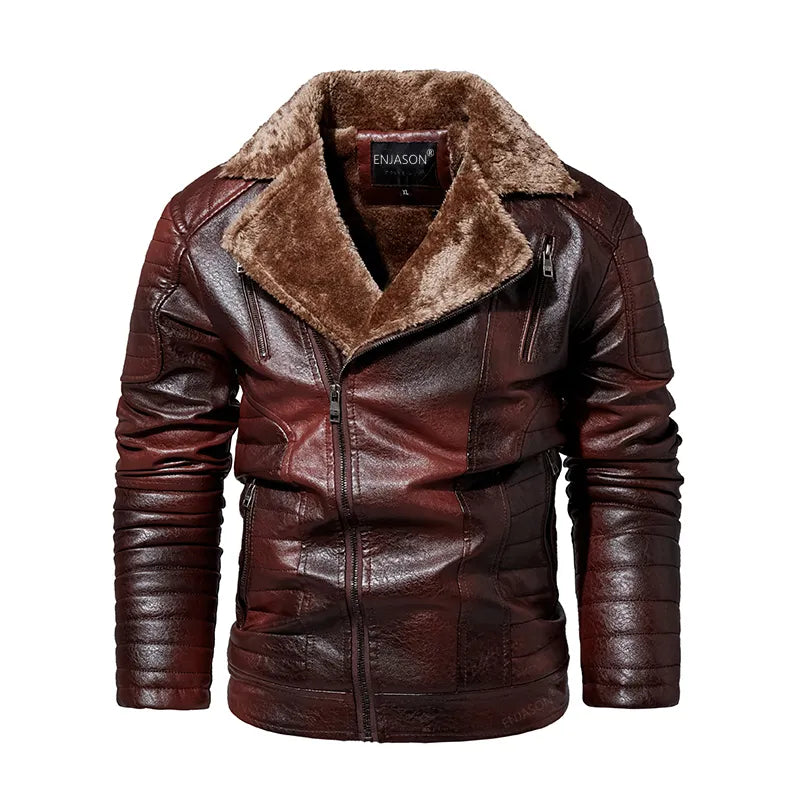 Leather Windbreaker Jacket Men | Fleece Motorcycle Stand Collar Casual Jacket Maroon