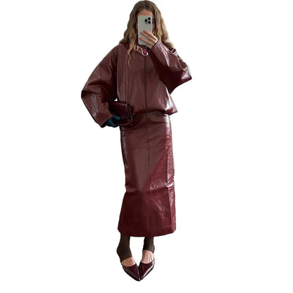 Woman Glossy Leather Two Piece Set | Leather Jacket | Straight Long Leather Skirt | Autumn | Stand Collar Zipper Jacket | Red Set