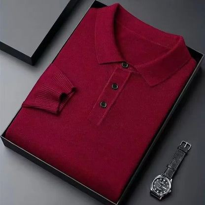 Men Pure Wool Sweater | Polo Knitted Pullover | Warm Burgundy