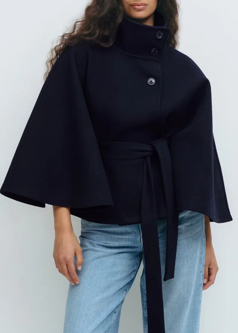 Women Trench cape Coat | Stand Collar Windbreaker | Cape Long Sleeve | Batwing Sleeves | Autumn Navy blue
