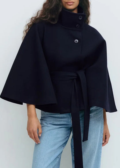 Women Trench cape Coat | Stand Collar Windbreaker | Cape Long Sleeve | Batwing Sleeves | Autumn Navy blue