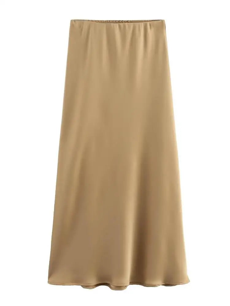 Women Solid Pleated Midi Satin Skirt | Mid Elastic Waist Vintage Skirt Khaki