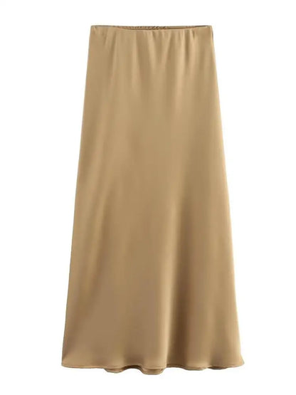 Women Solid Pleated Midi Satin Skirt | Mid Elastic Waist Vintage Skirt Khaki