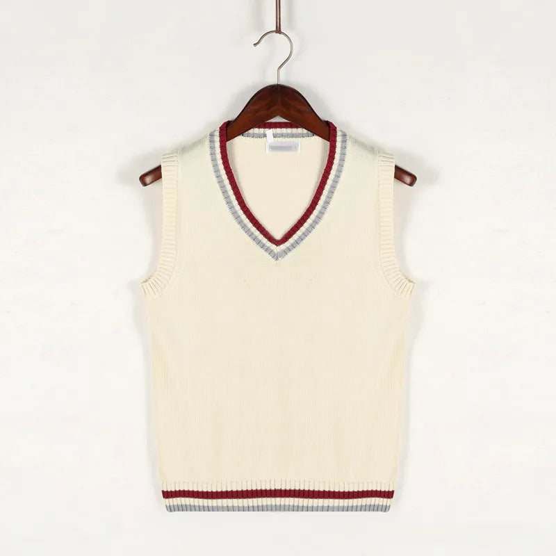 Men V-Neck Sleeveless Knitted Striped Sweater Vest | Retro Style Knit Beige