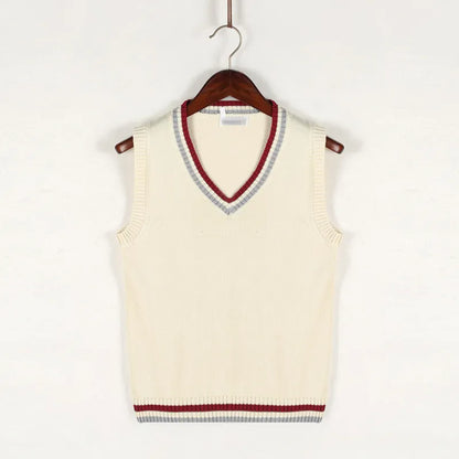 Men V-Neck Sleeveless Knitted Striped Sweater Vest | Retro Style Knit Beige