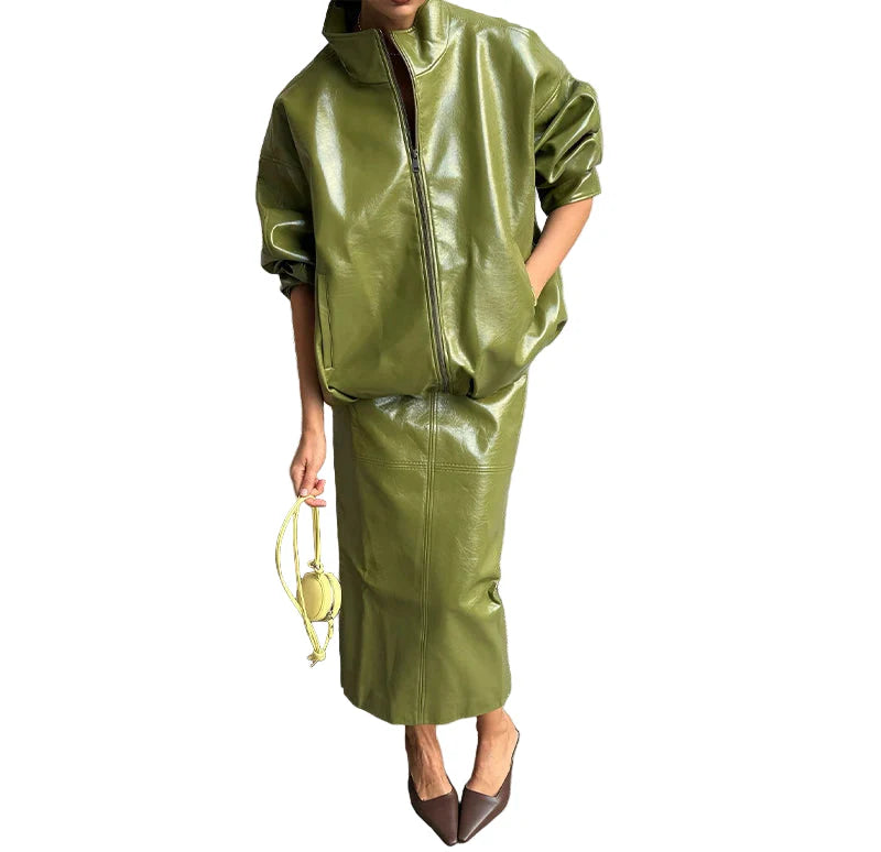 Woman Glossy Leather Two Piece Set | Leather Jacket | Straight Long Leather Skirt | Autumn | Stand Collar Zipper Jacket | Green Set