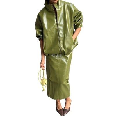Woman Glossy Leather Two Piece Set | Leather Jacket | Straight Long Leather Skirt | Autumn | Stand Collar Zipper Jacket | Green Set
