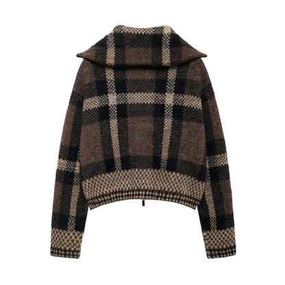 Women Short Knitted Jacket | Check-Knit Winter Bomber Jacket