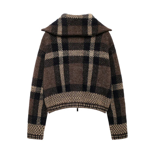 Women Short Knitted Jacket | Check-Knit Winter Bomber Jacket