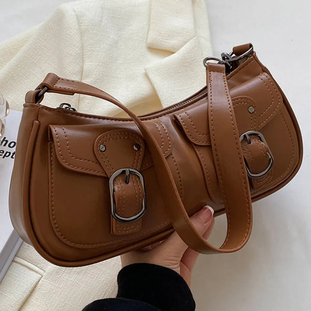 Women Vintage Double Pockets Shoulder Bag | Leather Bag Brown