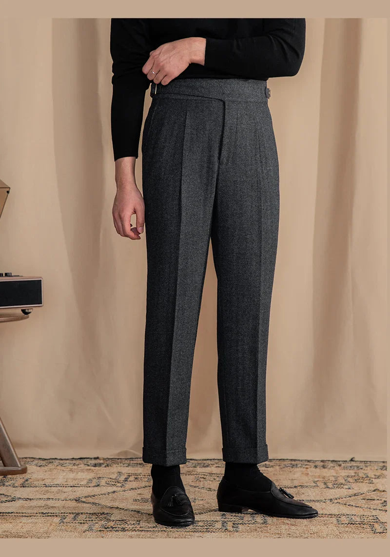 Men Vintage Wool Herringbone Pattern Pants | Casual | British | Warm | High Waist | Straight Pants