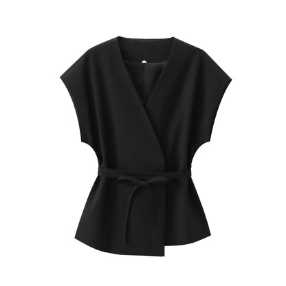 Women Sleeveless V-Neck Top With Belt Straight Pants Set | Top Trouser Suit | 2 Piece Set Black Top