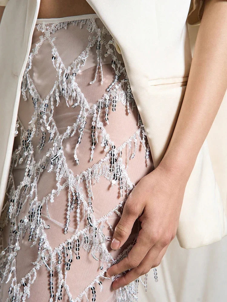 Women Sequin Fringe Maxi Skirt | Midi Mesh Pencil Skirt