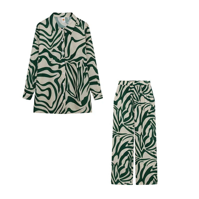Women Zebra Print 2 Piece Set | Long Sleeve Drop Shoulder Shirt with Wide Leg Pants Paris