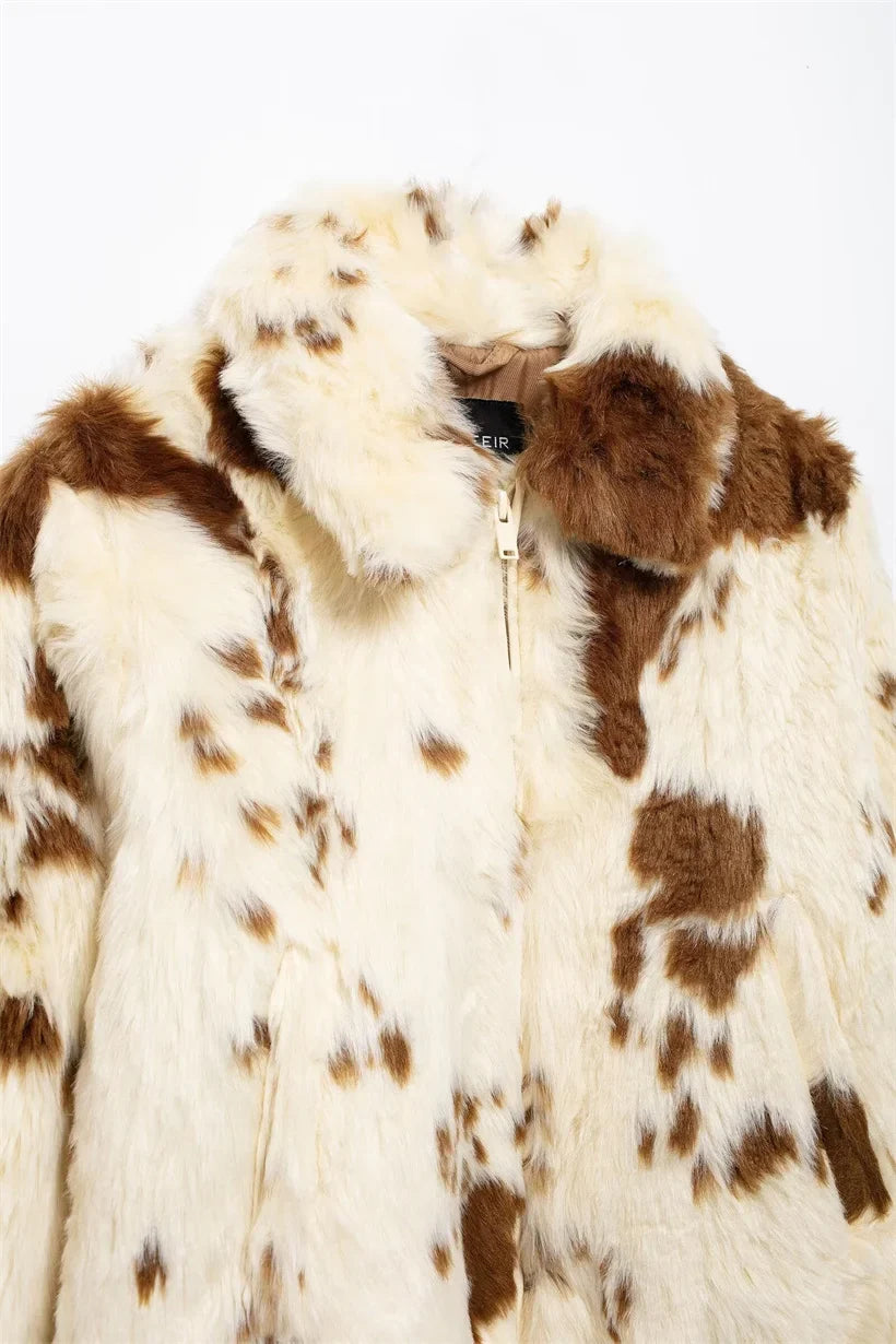 Women Thick Warm Animal Print Short Fur Jacket