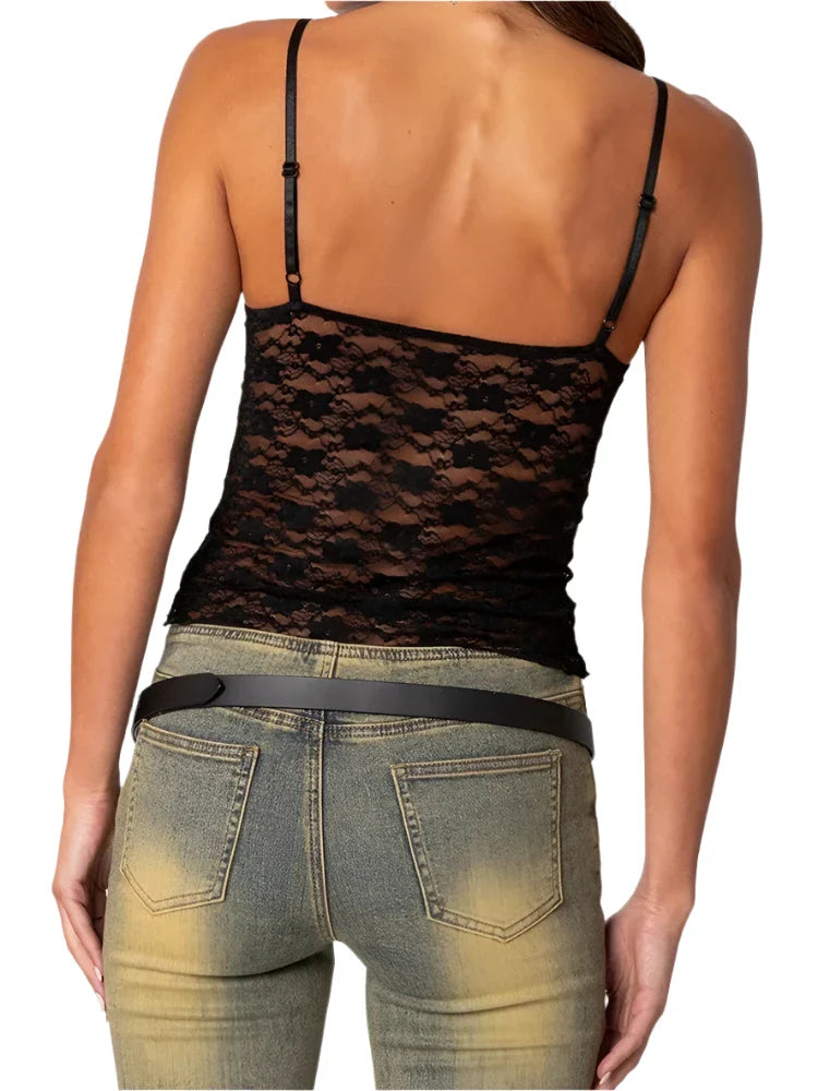 Women Lace Mesh See-Through Tank Top | Sleeveless Strap Slim Fit Camisole Top