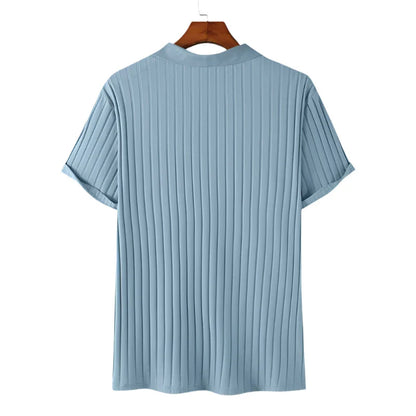 Men Casual Zipper Knitted Shirt | Summer Breathable Lapel Short Sleeve